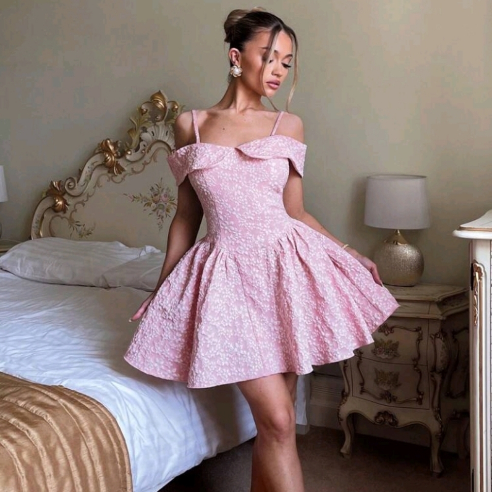 Pink Textured Jacquard Romantic Princess Resort Camisole Off-Shoulder
